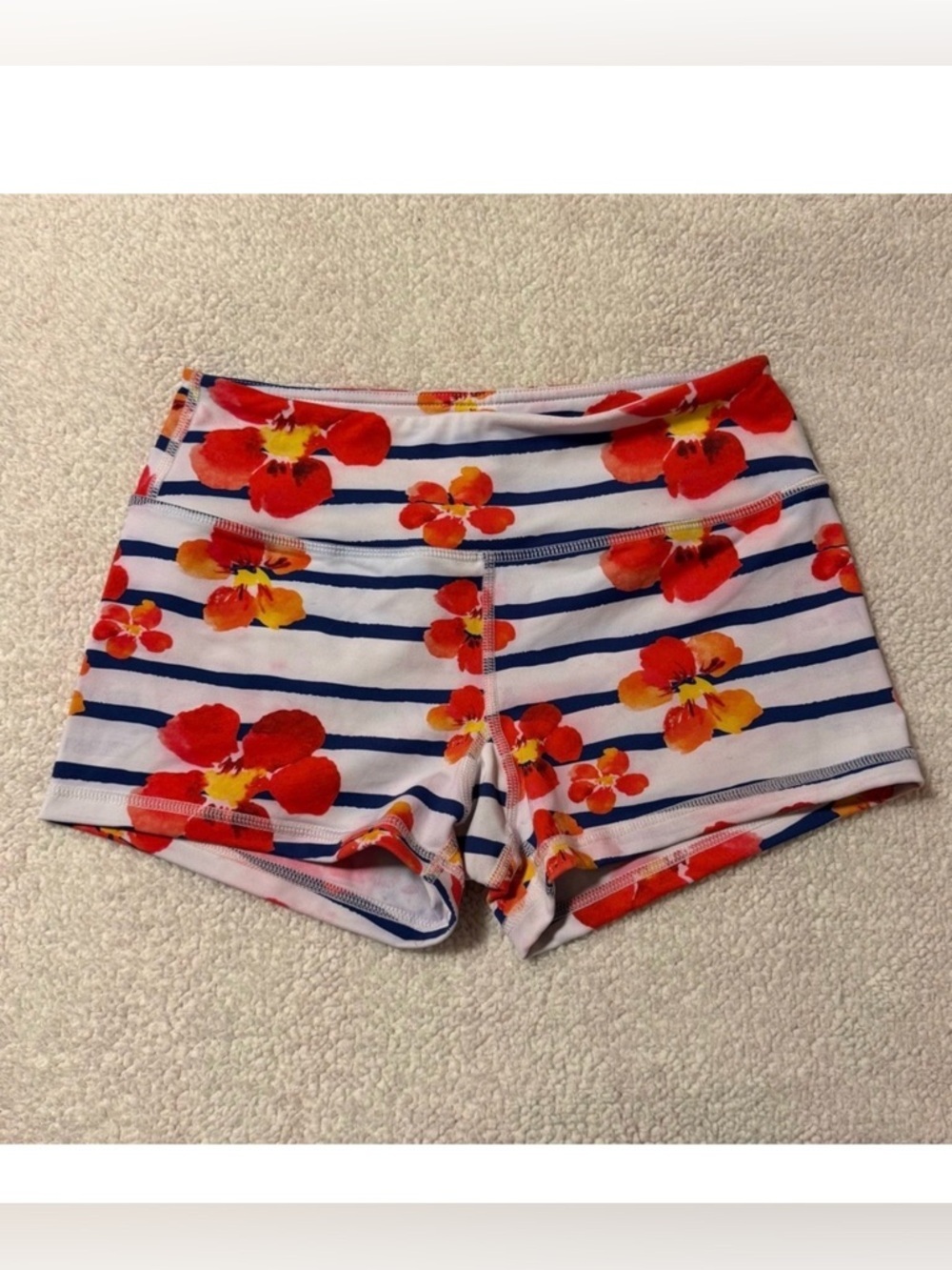 Savage Barbell Hibiscus Floral Striped Booty Shorts Athletic White Blue Orange